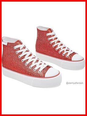 Glitter Platform High Top Sneakers Mid Calf Bling Lace-Up Skate Shoes